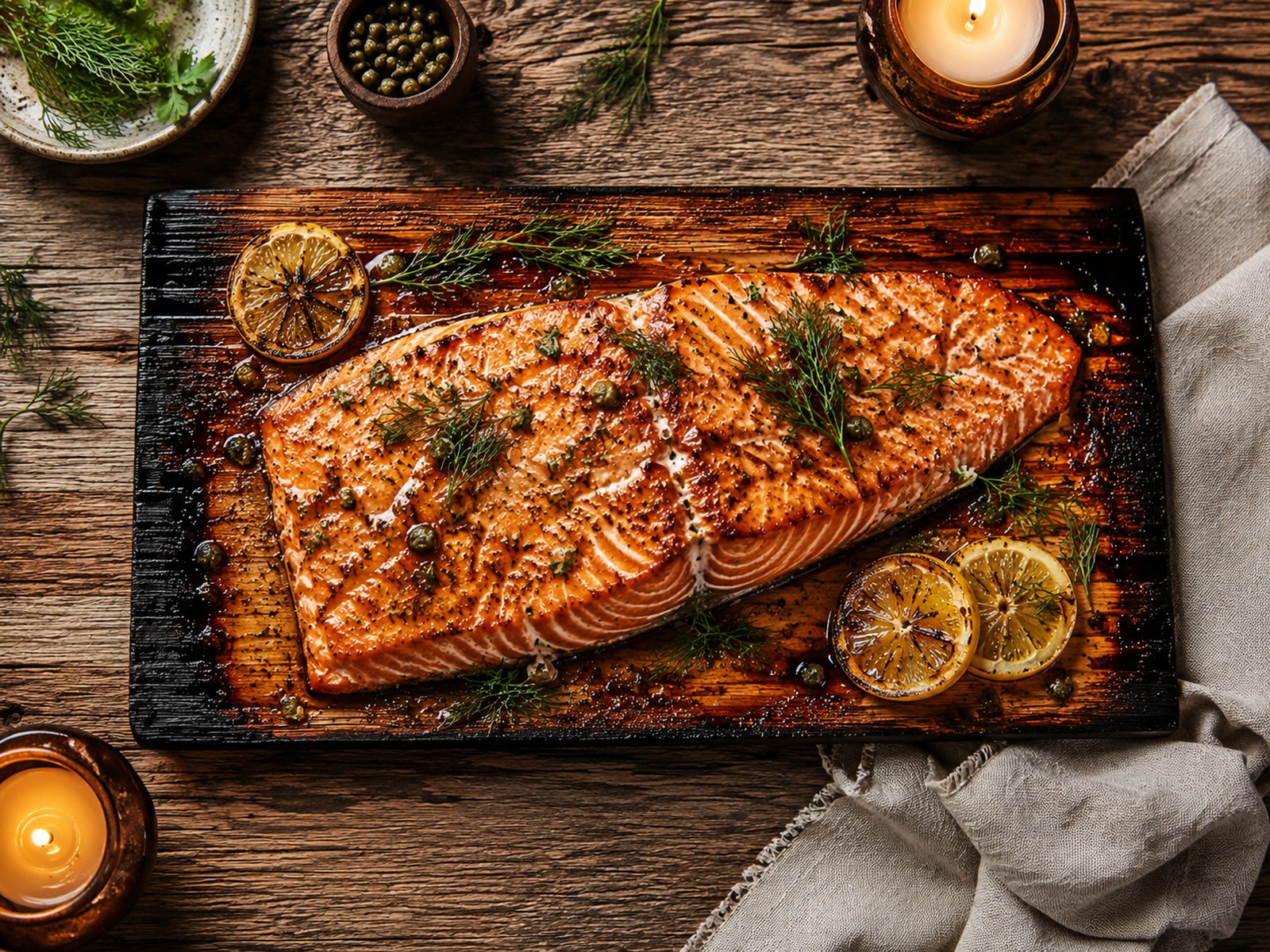 Cedar-plank salmon fresh off the fire at Cedar & Ember